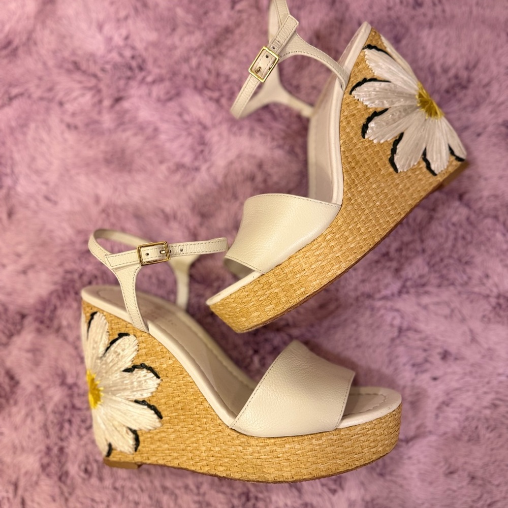 Kate Spade White and Tan Wedge Sandals with Floral Cutouts